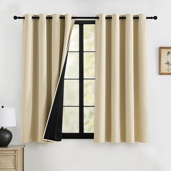 RYB HOME 100% Blackout Curtains 63 inches Length, Thermal Insulated Total Room Darkening Noise Reducing Curtains for Bedroom Dorm Sleep, 52 inches Wide by 63 inches Long, Beige
