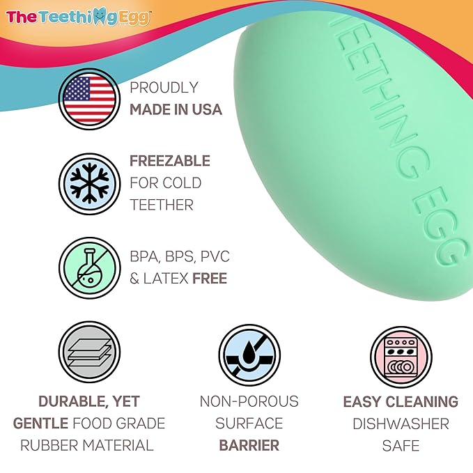 The Teething Egg Baby Teether – Freezable Teething Toy for Babies 3–6 Months up to 18 Months – Made in USA, Food-Grade TPE, Mint