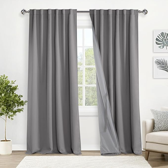 XWZO 100% Blackout Curtain Panels - Rod Pocket & Back Tab Thermal Insulated, Noise Reducing and Heat Blocking Drapes for Hall and Studio Windows with Tiebacks, Grey, W52 x L95, Set of 2