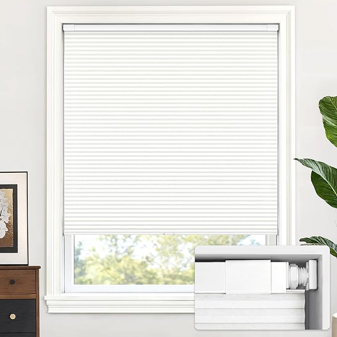 LazBlinds Cordless Cellular Shades, No Tools No Drill Light Filtering Honeycomb Shades Pleated Blinds for Windows, 46'' W x 64'' H, White