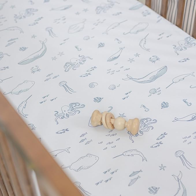 Pehr Crib Sheet, Life Aquatic | Breathable Brushed Organic Cotton for Soft Sleep | Fits Standard Crib Mattresses up to 52”L x 28”W x 8”H