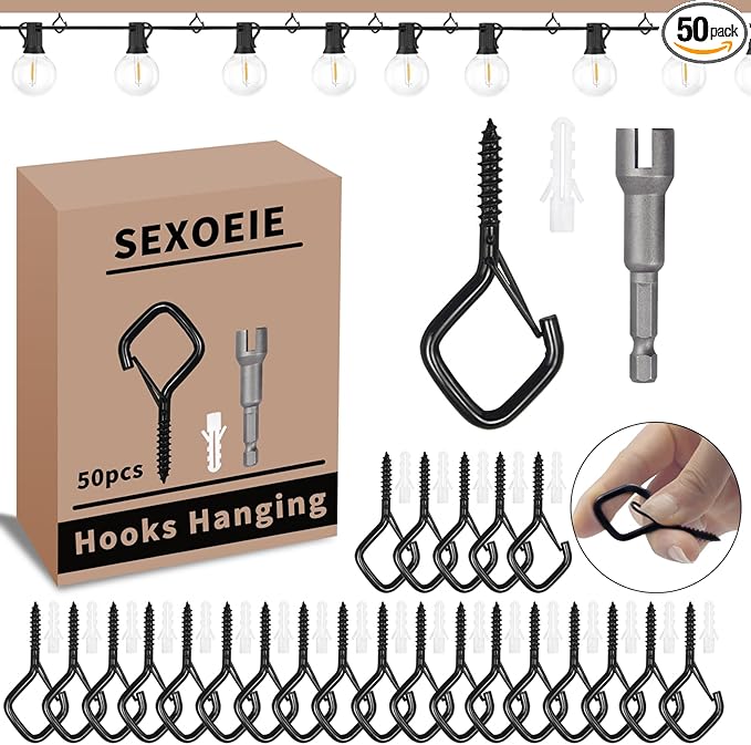 50 PCS Black Eye Screw Hooks for Hanging Heavy Duty with Safety Buckle.Metal Ceiling Hooks for Hanging Plants Cup Wind Chime Bird Feeders Patio Lights at Indoor&Outdoor