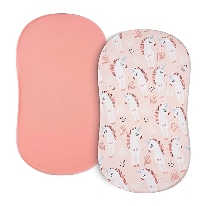 TILLYOU Baby Bassinet Sheets for Girls Boys 2 Pack Baby Sheets for Square Rectangle Oval Bassinet Mattress 33X16 Inch, Unicorn & Meat Powder