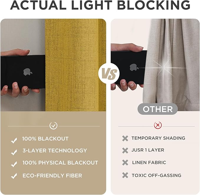 Joydeco Blackout Curtains for Bedroom - 100% Light Blocking 2 Panels Set Yellow Drapes 66"W x 108"L, Thermal Insulated Room Darkening Curtains, Linen Textured for Living Room, Rod Pocket & Back Tabs