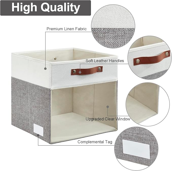 Storage Cubes, 4 Pack Linen Foldable Storage Bins with Clear Window and 2 Handles, 13x15x13 Storage Cube Bins for Shelf Closet, Kallax, Clothes, Books - (Gray and White)
