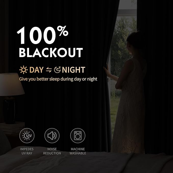 FMFUNCTEX 100% Blackout Curtains for Bedroom, Black Curtains 54 Inches Long Textured Thermal Insulated Curtains for Living Room Drapes, Black Out Drapery Grommet Room Darkening 2 Panels