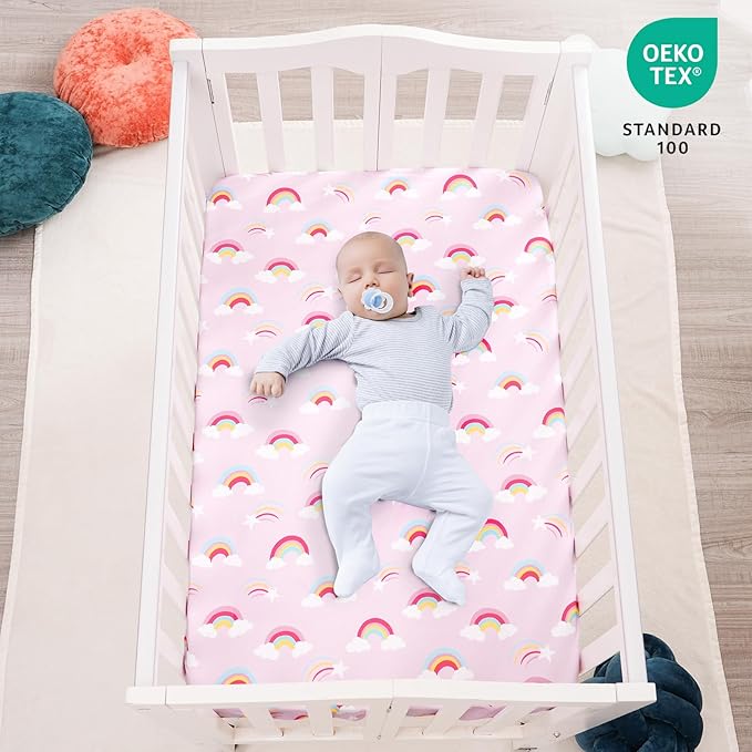 david's kids 3 Pack Mini Crib Sheets, Soft Breathable Premium Pack N Play Sheets for Baby Girls Neutral, Playard and Mini Crib Mattresses, Rainbow