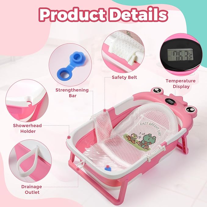 Baby Bathtub,Collapsible Baby Bath Tub with Soft Cushion & Thermometer, Space Saving Foldable & Travel Newborn Bathtub for Infant to Toddler 0-36 Months, Frog Gray