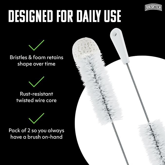 Brushtech Foam-Tipped Baby Bottle Brush, Pack of 2 - Durable & Soft Bristles & Foam Tip for Deep Bottle Cleaning - Made in USA, Cleaning Tools for Glass & Plastic Bottles