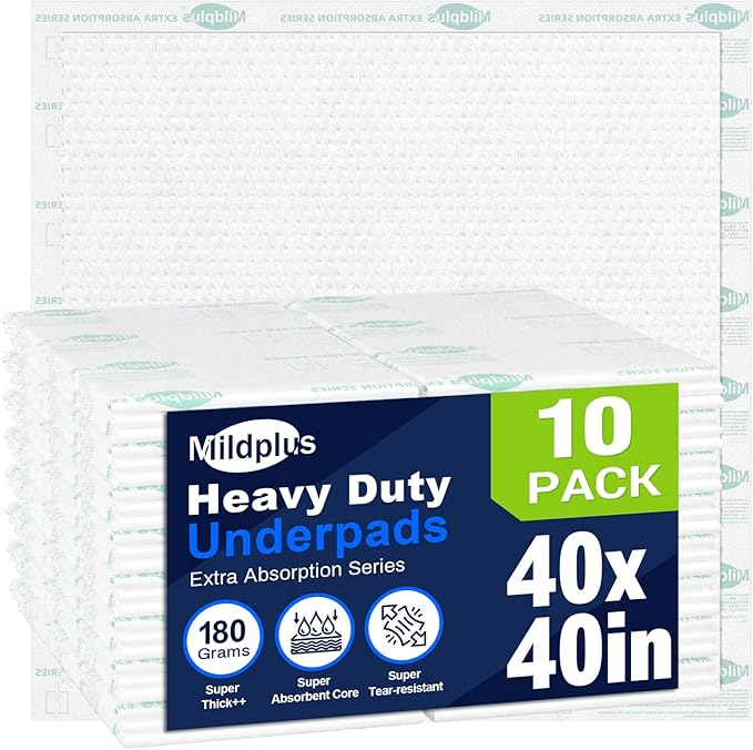 Heavy Duty Underpads 40x40 Inch - 180 Gram Absorbent Disposable Bed Pads, Leakproof Waterproof Protection for Incontinence, Elderly Care, Pets & Postpartum (10 Count, Discreet Packaging)