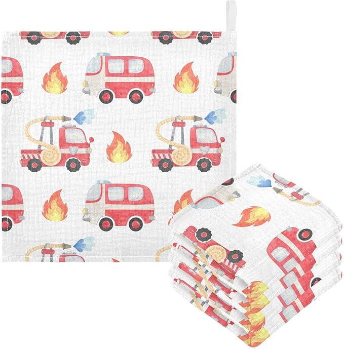vvfelixl Baby Muslin Washcloths, Fire Department Funny Cars Baby Burp Cloths, Cotton Baby Face Towel for Newborn Infants Boys Girls Soft and Absorbent 11.8 X 11.8 in, 3 Pack