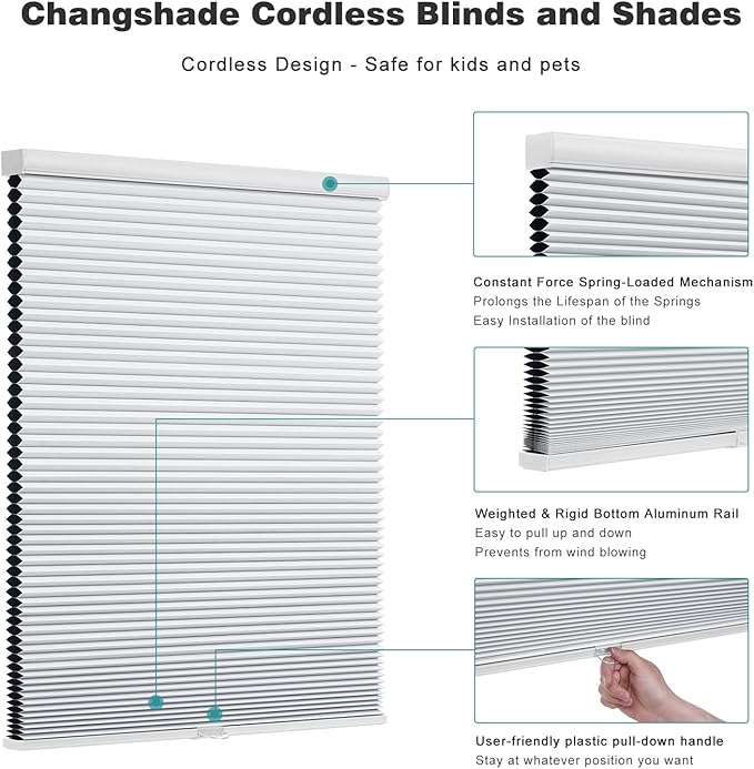 Changshade Cordless Cellular Shades, Light Filtering Honeycomb Shades for Windows, Pull Down Pleated Blinds, Easy to Install for Indoor Windows and French Doors,34.5" W x 64" H, White