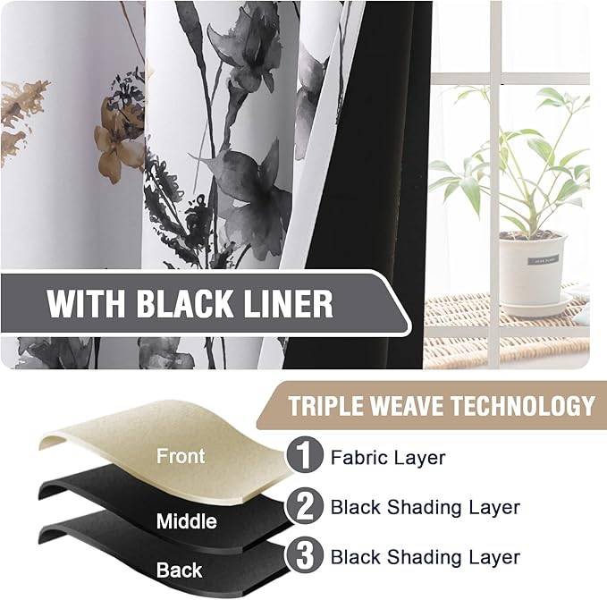 H.VERSAILTEX 100% Blackout Curtains 96 inch Length 2 Panels Set Cattleya Floral Printed Drapes Leah Floral Thermal Curtains for Bedroom with Black Liner Sound Proof Curtains, Grey and Taupe