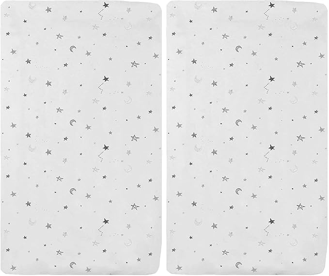 American Baby Company 15" x 33" Fitted Bassinet Sheet, Printed 100% Natural Cotton Jersey Knit, Grey Star and Moon, Soft Breathable, for Boys and Girls (Pack of 2)