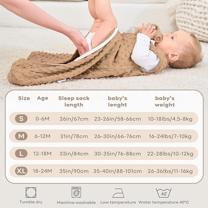 FIEMOL Fleece Baby Sleep Sack 18-24 Months, 1.5 TOG Cotton Baby Wearable Blanket With Soft Plush Dots, 2 Pack Newborn and Infant Warm Sleeping Sack with 2-Way Zipper Brown&Coffee