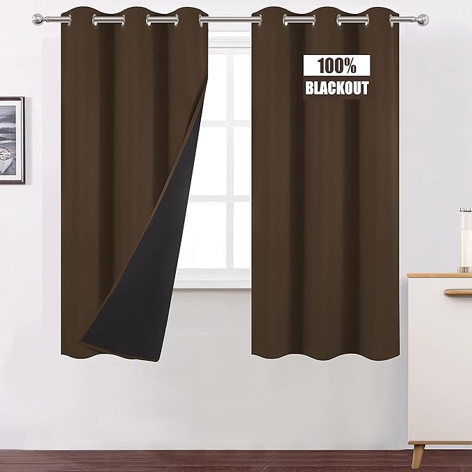 LEMOMO 100% Blackout Curtains 40 x 63 Inch/Chocolate Brown Curtains 2 Panels with Black Liner/Double Layer Full Room Darkening Bedroom Curtains