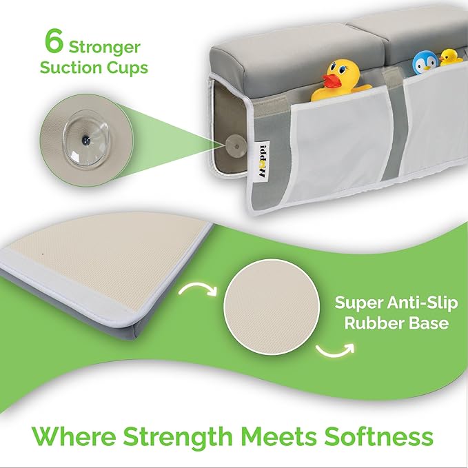 Wobbi Baby Bath Kneeler and Elbow Rest Pad Set - 1.5" Thick Memory Foam Knee Pad for Bathing Babies - 6 Suction Cups Non Slip Bath Kneeling pad with Toy Storage - Foldable & Quick Drying-Grey