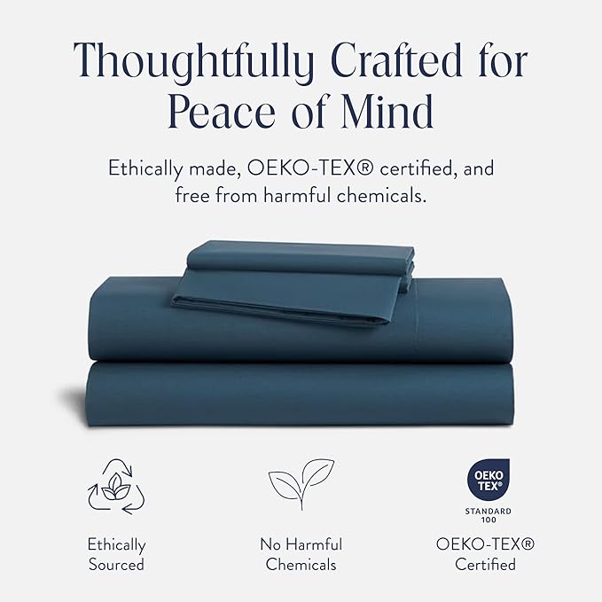 Brooklinen Luxury Sateen 4 Piece Sheet Set - 100% Cotton Bed Sheets, Soft & Durable Queen Size Sheets Set in Abyss Blue, Oeko-TEX Certified Bedding Set, 1 Fitted Sheet, 1 Flat Sheet, 2 Pillowcases