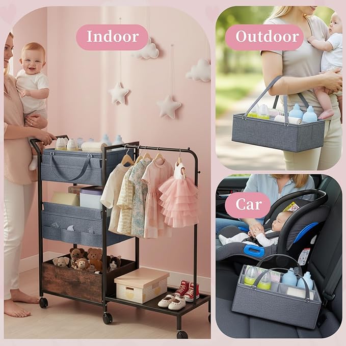 Baby Diaper Caddy Organizer - 3 Tier Rolling Cart with Kids Clothing Rack, Mobile Utility Cart with Dividers and Drawers, Large Capacity Storage Cart for Bedroom, Bathroom, Grey Carts with Wheels