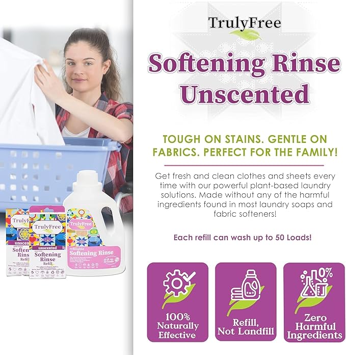Truly Free Natural Fabric Softener | Plant-Based | Non-Toxic for Babies & Kids Sensitive Skin | Unscented Eco-Friendly Fabric Softener Conditioner | Safe, Gentle & Chemical-Free