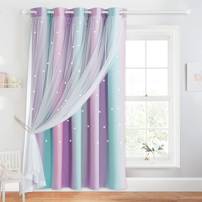 NICETOWN Girls Curtains 84 inches Long for Bedroom, Kids Star Cutout Rainbow Room Darkening Ombre Stripe Curtains for Baby Nursery/Sliding Glass Door, 1 PC, Blue & Purple & Pink, 70" W