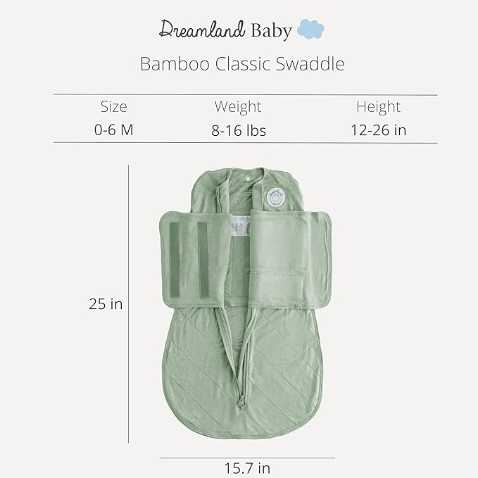 Dreamland Baby Viscose Swaddle Blanket (0-6 Months). 1.0 TOG Ultra Soft Swaddle Blanket w/Built in Band. 97% Viscose, 3% Spandex (Sage). Mom-Owned US Business, Premium Materials