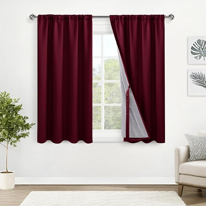 XWZO 100% Blackout Window Curtains with Tiebacks - Thermal Insulated and Noise Reduction Window Treatment with Black Liner for Bedroom/Living Room, Rod Pocket/Back Tab, Burgundy, W52 x L45, Set of 2