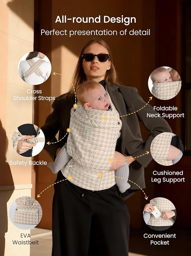 GROWNSY Baby Carrier Newborn to Toddler, Lightweight Ergonomic 7-44 lbs Newborn Carrier with Head Support, Easy to Wear Hands Free Infant Carrier for 0-36 Months, Beige Houndstooth