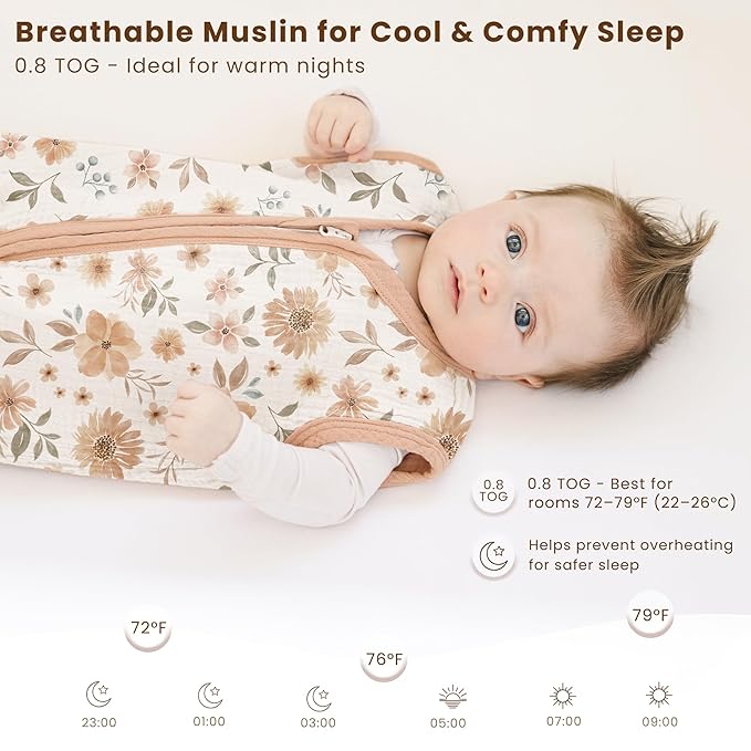 Konssy Muslin Baby Sleep Sack 0-6 Months 0.8 TOG, 2 Pack 100% Cotton Wearable Blanket for Babies, 2-Way Zipper Breathable Sleeping Sack Infant Toddler Essentials for Girls and Boys (Flourish, Toffee)