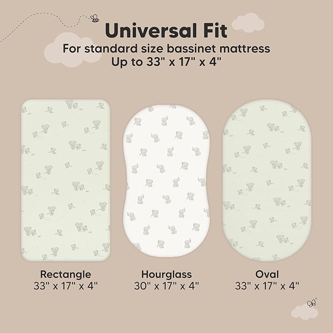 2-pk Waterproof Bassinet Sheets Girls, Boys, Cotton - 33x17 Universal Bassinet Mattress Pad Protector Cover, Compatible with Graco, Baby Delight, Chicco, Halo Bassinest Swivel Sleeper Fitted (Elly)