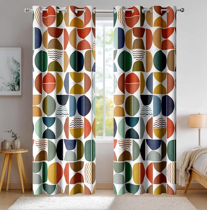 Mid Century Modern Abstract Blackout Curtains, Boho Colorful Geometric Circle Pattern Window Drapes，Living Room Bedroom Decor 2 Panels 52x84 Inch
