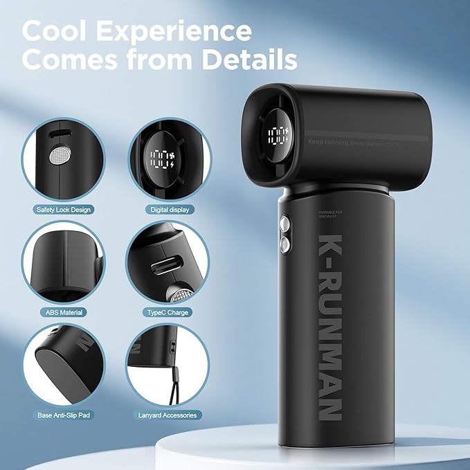 Portable Handheld Turbo Fan, 5 Gear Wind, Battery Operated, Up to 12 Working Hours, LED Display with Air Turbo Tech Cooling Fan for Outdoor Activities, Travel, Beach (Black)