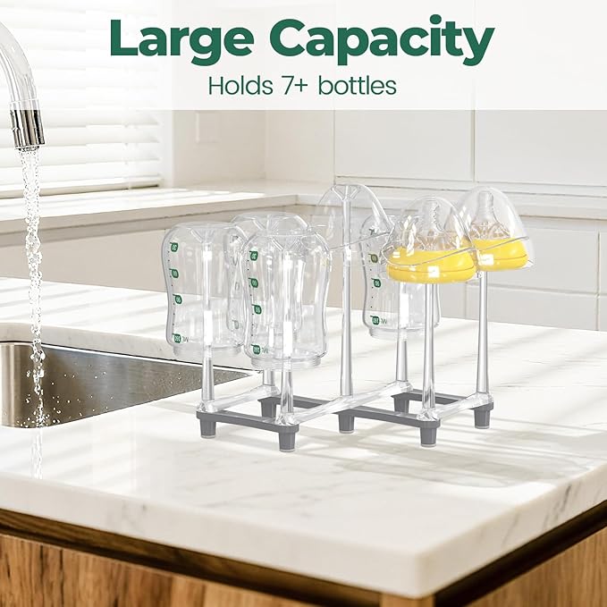 EsLuker.ly Baby Bottle Drying Rack Plastic Vertical Dryer Holder, Foldable Space Saving for 12 Milk Glass Bottle Countertop, Drain Stand Shelf for New Parents