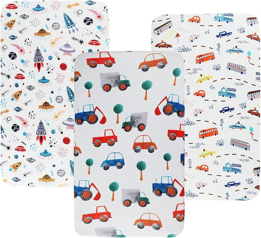 Pack n Play Sheet Stretchy Fitted Portable Mini Crib Sheets Set 3 Pack,Playard Sheets Convertible Playard Mattress Cover,Ultra Soft Jersey Material,Rocket Satellite,Car & Bus
