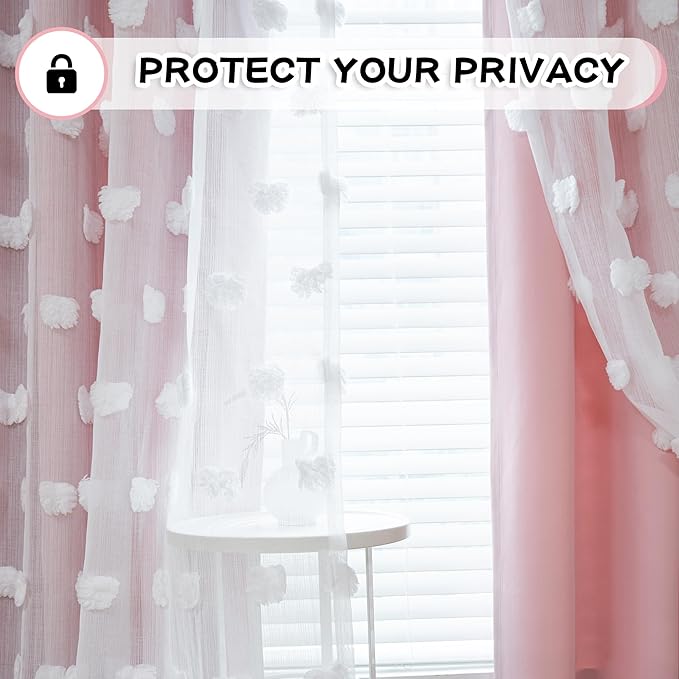 MYSKY HOME Pink Curtains for Bedroom 90 Inches Long Living Room Curtain with Pom Pom Sheer for Dining Room Grommet Double Layer Nursery Curtain Drapes Toddler Room Darkening Window Panels 52 x 90 in