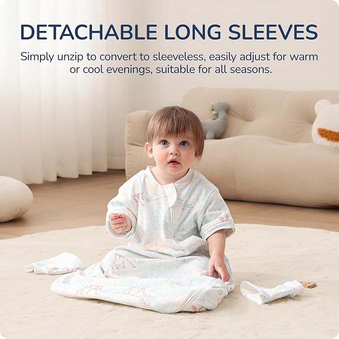 Baby Sleep Sack 12–18 Months, Cotton Sleep Sack with Detachable Long Sleeves, 1.0 TOG Wearable Blanket for Cooler Nights, 2-Way Zipper Toddler Sleeping Sack with Temperature Strip, ELK