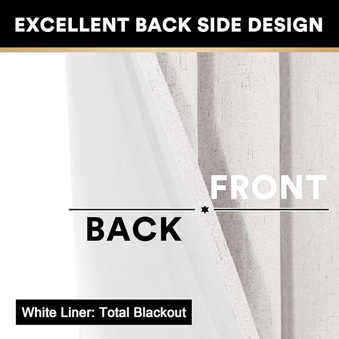 PrinceDeco Primitive Textured 100% Blackout Curtains for Bedroom/Living Room Noise Reducing Window Treatment Curtain Drapes, Burlap Fabric with White Liner,Ivory, 52x84 Inch (2 Panels)