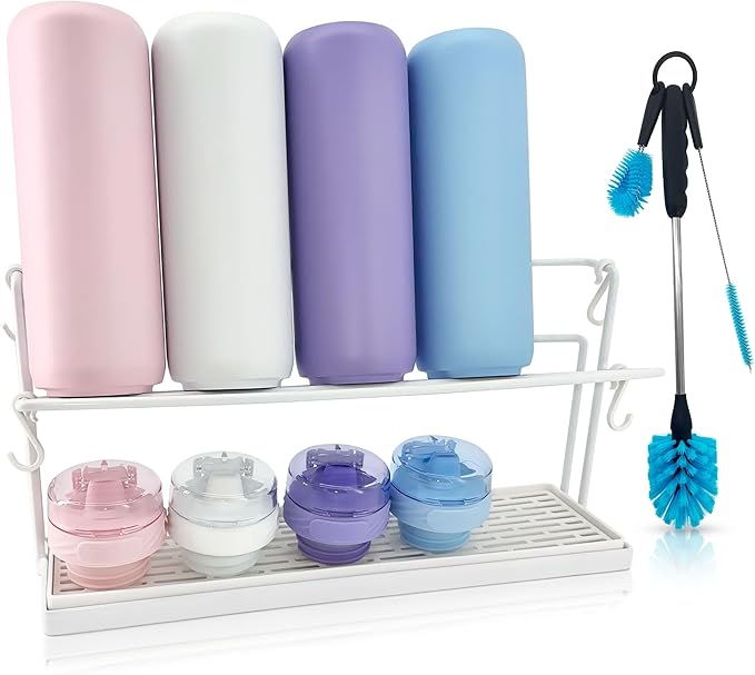 WAKUBON Bottle Drying Rack for Kitchen Countertop - Two-Tier for Water Bottles and Tumblers, Space-Saving Storage Stand with Drainage Tray, Includes Water Bottle Drying Rack Brush Cleaning Set (White)