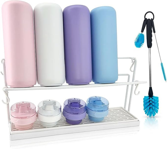 WAKUBON Bottle Drying Rack for Kitchen Countertop - Two-Tier for Water Bottles and Tumblers, Space-Saving Storage Stand with Drainage Tray, Includes Water Bottle Drying Rack Brush Cleaning Set (White)