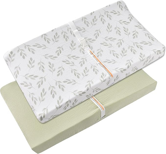 Changing Pad Cover for Baby Girls Boys - 100% Organic Cotton Muslin Changing Pad Sheets with Secure 360° Elastic Fit, Ultra-Soft for Delicate Skin, 2 Pack