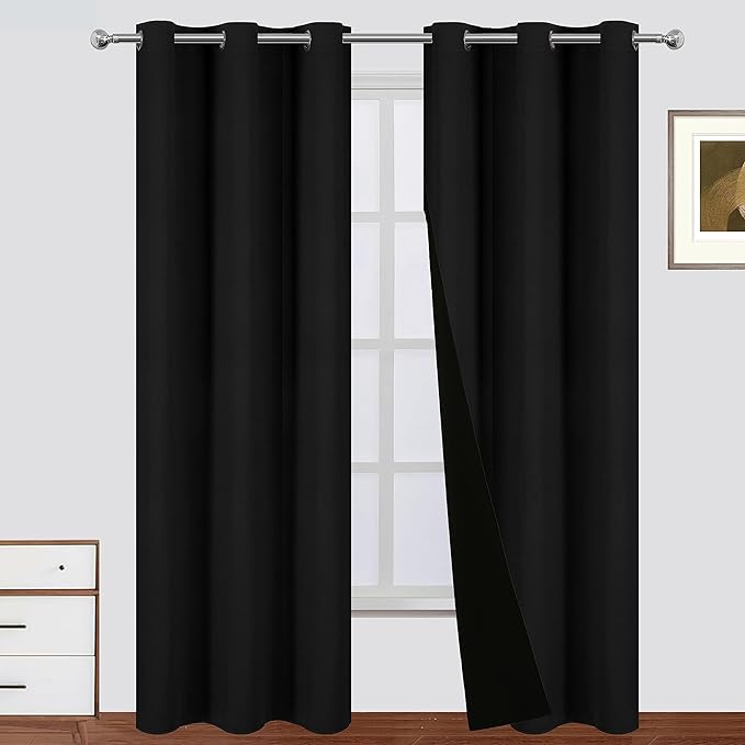 LEMOMO 100% Blackout Curtains Black Curtains 42 x 84 Inch 2 Panels Darkening Thermal Insulated Bedroom Curtains