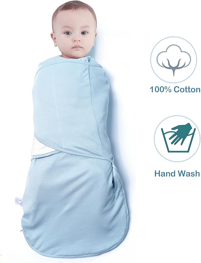 Baby Swaddle,Sleep Sack 6-12 Months,Adjustable Wearable Transition Blanket,Miracle Swaddles for Babies Large,100% Cotton（Cyan）