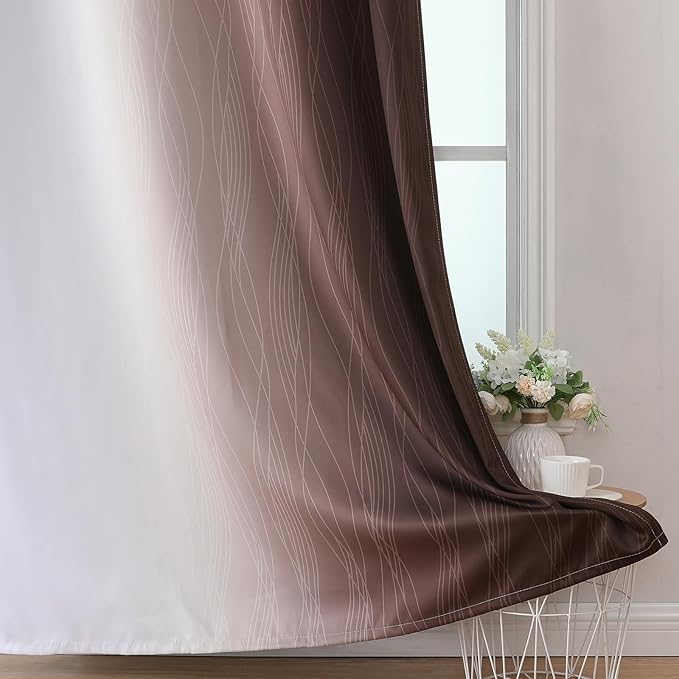 Estelar Textiler Brown and Greyish White Ombre Blackout Curtains 54 Inch Length 2 Panels, Full Room Darkening Gradient Drapes for Kitchen, Thermal Insulated Grommet Short Curtains for Bedroom,42Wx54L