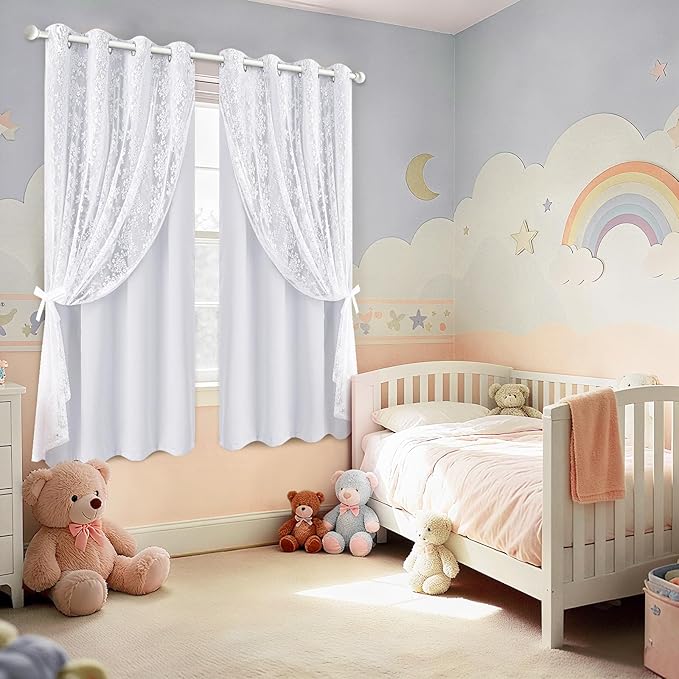 Yinhua Blackout Curtains for Bedroom Double Layer Grey Curtains for Living Room 84 Inch Length 2 Panels Set Kid Curtain with Floral Sheer Overlay, Grommet Drapes with Tiebacks, 52" W x 63" L