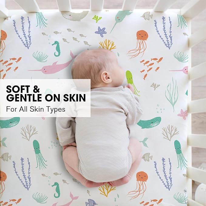 Little Grape Land Crib Sheets 2 Pack, Microfiber Fitted Crib Sheet for Standard Crib Mattress 52"x28"x8", Soft and Neutral Baby Crib Sheets for Boys and Girls, Breathable & Easy Care, Pastel Ocean