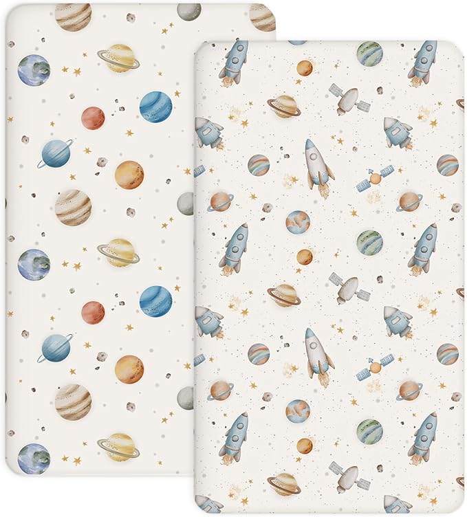 Pack and Play Sheets 2 Pack, Fitted Jersey Knit Mini Crib Sheets for Baby Boys and Girls, Compatible with Graco Pack N Play and Mini Crib Mattress (Stellar Adventure, Pack N Play/Mini Crib Sheets)