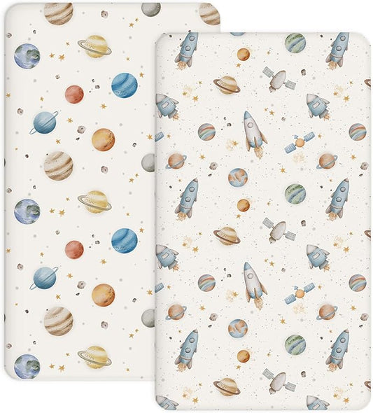 Pack and Play Sheets 2 Pack, Fitted Jersey Knit Mini Crib Sheets for Baby Boys and Girls, Compatible with Graco Pack N Play and Mini Crib Mattress (Stellar Adventure, Pack N Play/Mini Crib Sheets)