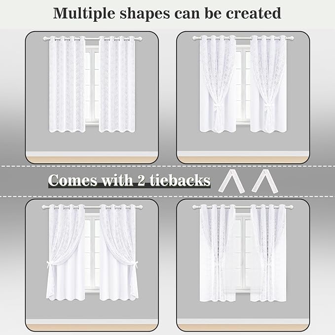 Yinhua Double Layer White Curtains for Living Room Blackout Curtains for Bedroom 84 Inch Length 2 Panels Set Kid Curtain with Tiebacks, Grommet Drapes with Floral Sheer Overlay, 52" W x 63" L