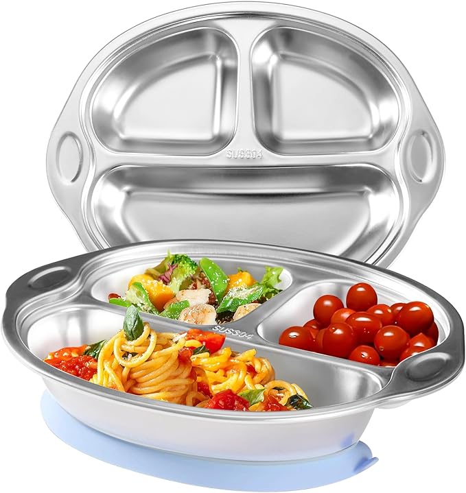 Mrs. Chou Stainless Steel Baby Suction Plates: Divided Plates for Babies and Toddlers, Made of 100% Food-Grade Materials Ideal for Baby-Led Weaning BPA-Free Toddler Feeding Dishwasher Safe Purple