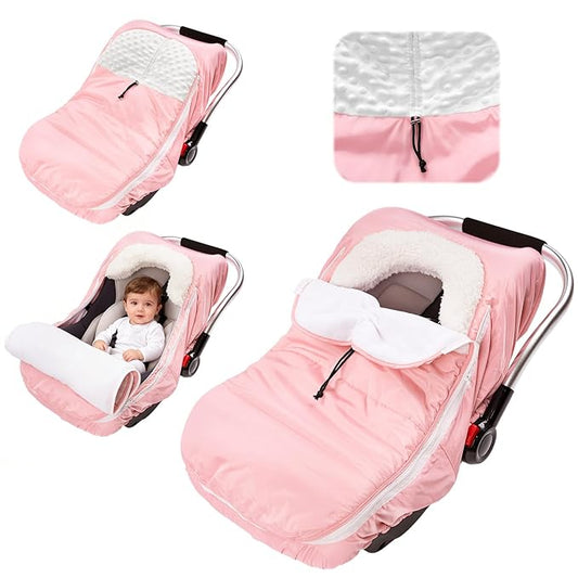 TinyPalsa Winter Baby Carseat Cover, Warm Cozy Infant Car Seat Covers with Plush Lining for Cold Weather, Waterproof Carseat Canopy with Adjustable Collar, Universal Fit for Boys & Girls (Pink)